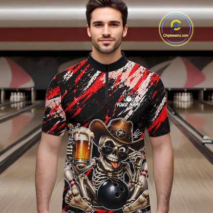 Custom Men Skeleton Cowboy Bowling Beer Polo Shirt Red, Funny Bowling Shirt For Bowlers NHT1565