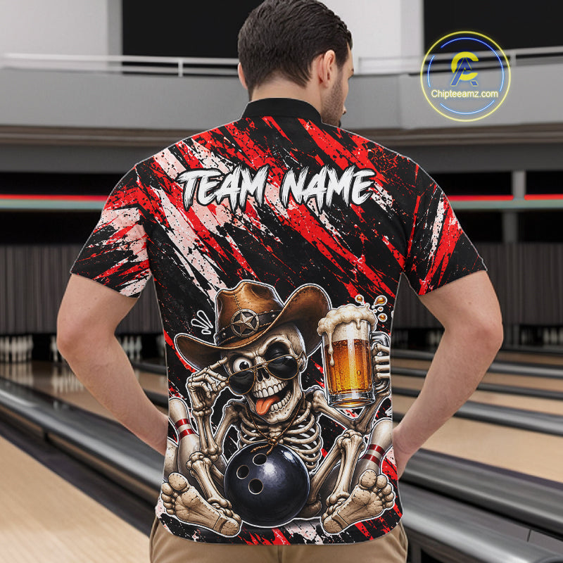 Custom Men Skeleton Cowboy Bowling Beer Polo Shirt Red, Funny Bowling Shirt For Bowlers NHT1565