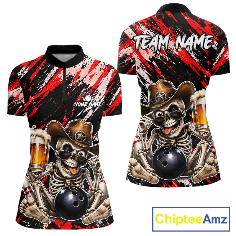 Custom Women Skeleton Cowboy Bowling Beer Polo Shirt Red, Funny Bowling Shirt For Bowlers NHT1565