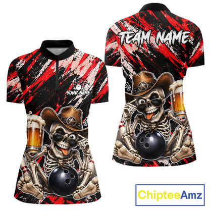Custom Women Skeleton Cowboy Bowling Beer Polo Shirt Red, Funny Bowling Shirt For Bowlers NHT1565
