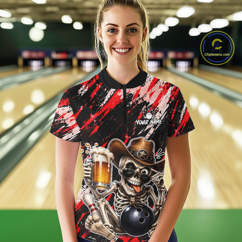 Custom Women Skeleton Cowboy Bowling Beer Polo Shirt Red, Funny Bowling Shirt For Bowlers NHT1565