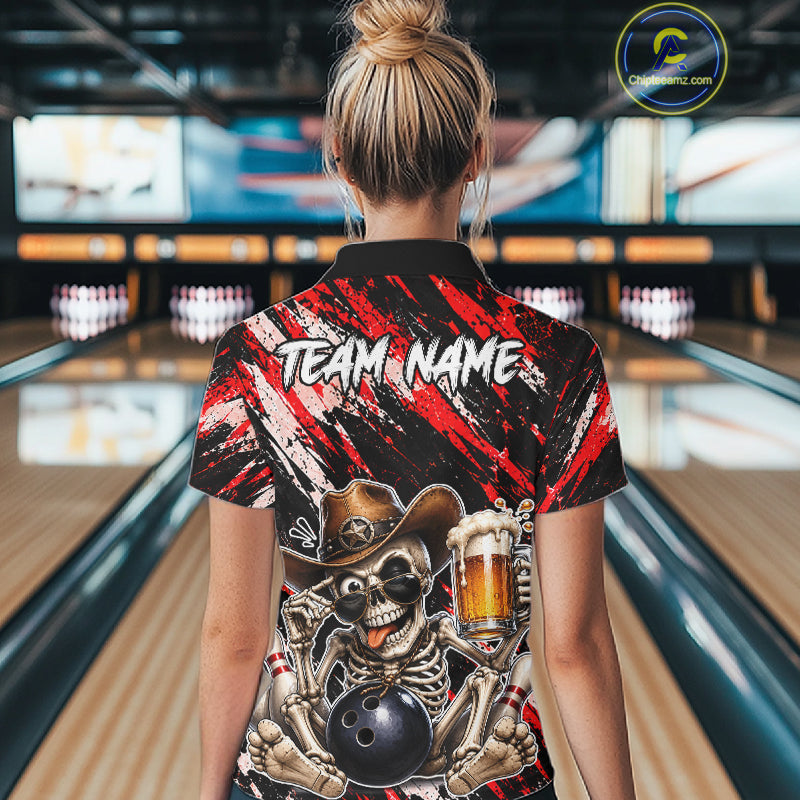 Custom Women Skeleton Cowboy Bowling Beer Polo Shirt Red, Funny Bowling Shirt For Bowlers NHT1565