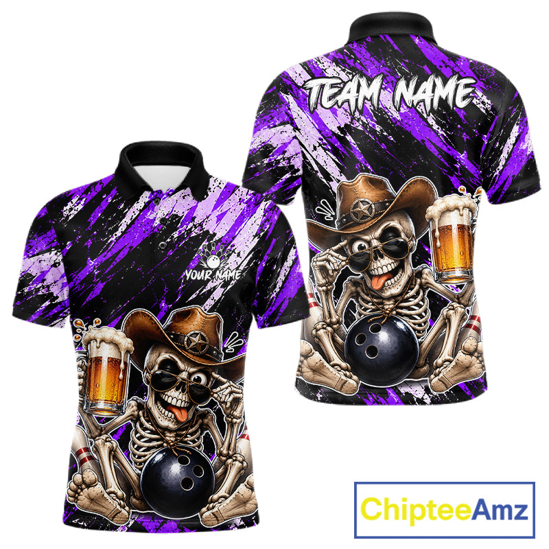 Custom Men Skeleton Cowboy Bowling Beer Polo Shirt Purple, Funny Bowling Shirt For Bowlers NHT1567