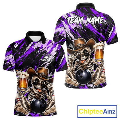 Custom Men Skeleton Cowboy Bowling Beer Polo Shirt Purple, Funny Bowling Shirt For Bowlers NHT1567