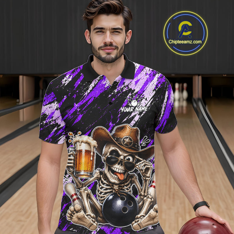 Custom Men Skeleton Cowboy Bowling Beer Polo Shirt Purple, Funny Bowling Shirt For Bowlers NHT1567
