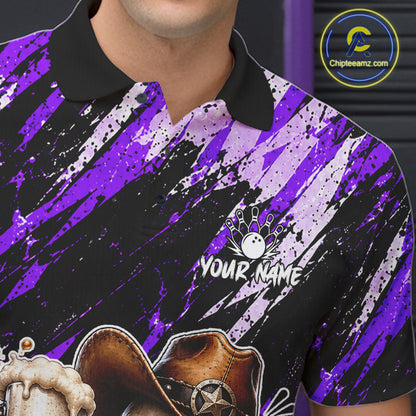 Custom Men Skeleton Cowboy Bowling Beer Polo Shirt Blue, Funny Bowling Shirt For Bowlers NHT1567