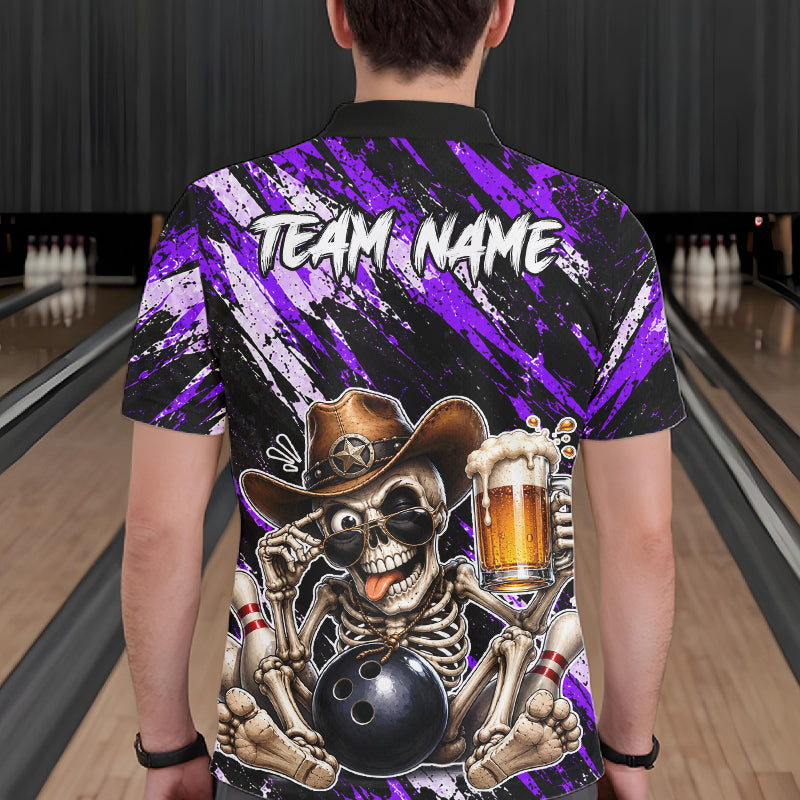 Custom Men Skeleton Cowboy Bowling Beer Polo Shirt Purple, Funny Bowling Shirt For Bowlers NHT1567
