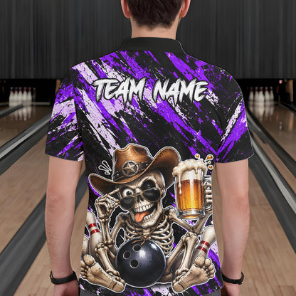Custom Men Skeleton Cowboy Bowling Beer Polo Shirt Blue, Funny Bowling Shirt For Bowlers NHT1567