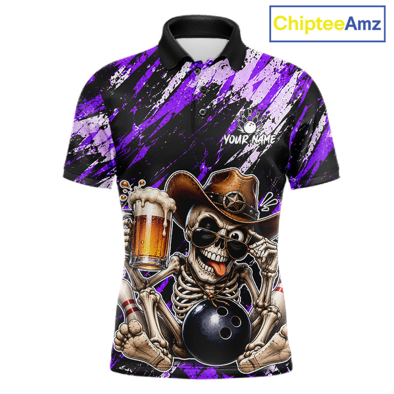 Custom Men Skeleton Cowboy Bowling Beer Polo Shirt Blue, Funny Bowling Shirt For Bowlers NHT1567