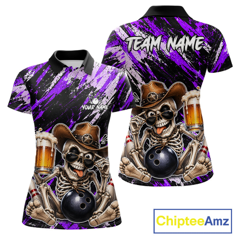 Custom Women Skeleton Cowboy Bowling Beer Polo Shirt Purple, Funny Bowling Shirt For Bowlers NHT1566