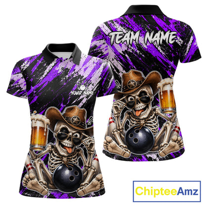 Custom Women Skeleton Cowboy Bowling Beer Polo Shirt Purple, Funny Bowling Shirt For Bowlers NHT1566
