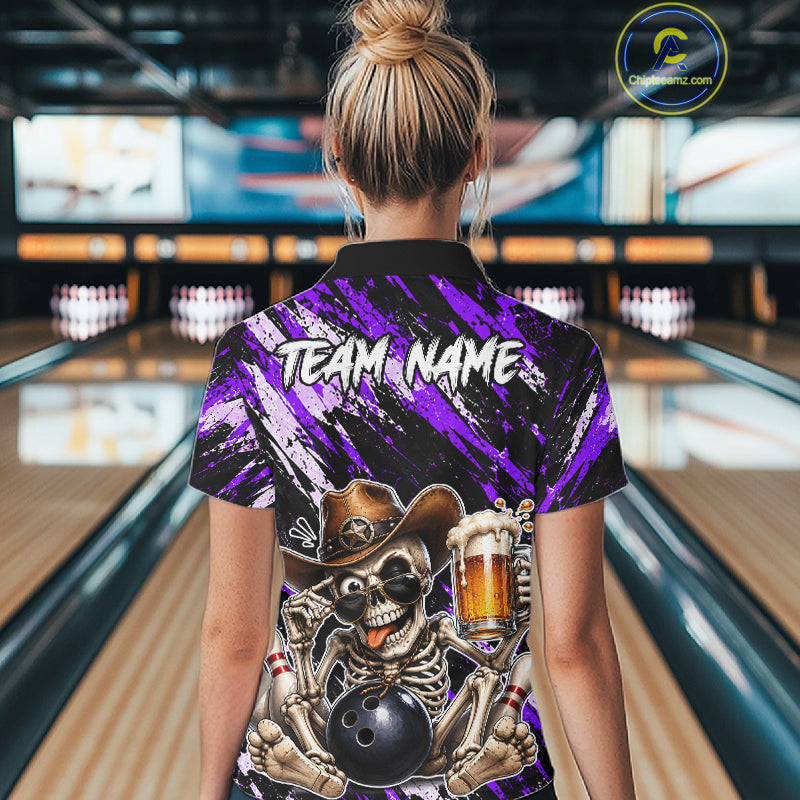 Custom Women Skeleton Cowboy Bowling Beer Polo Shirt Purple, Funny Bowling Shirt For Bowlers NHT1566
