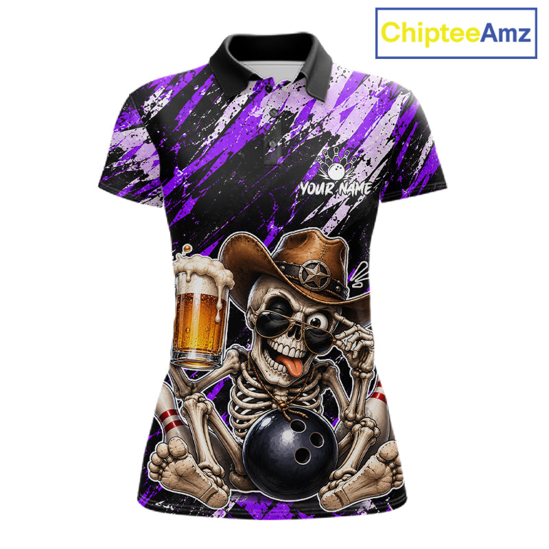 Custom Women Skeleton Cowboy Bowling Beer Polo Shirt Purple, Funny Bowling Shirt For Bowlers NHT1566