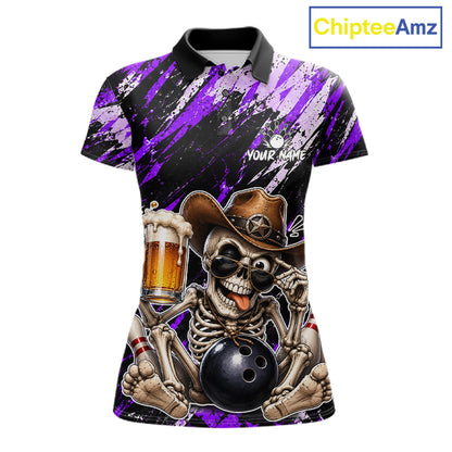 Custom Women Skeleton Cowboy Bowling Beer Polo Shirt Purple, Funny Bowling Shirt For Bowlers NHT1566