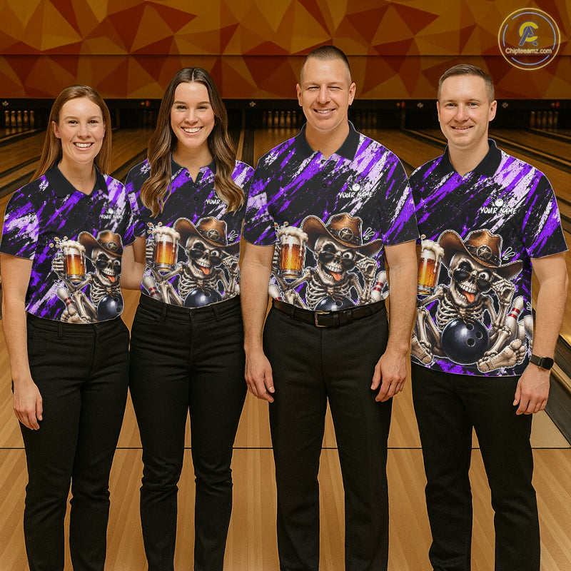 Custom Men Skeleton Cowboy Bowling Beer Polo Shirt Purple, Funny Bowling Shirt For Bowlers NHT1567