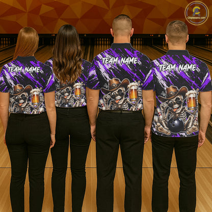 Custom Men Skeleton Cowboy Bowling Beer Polo Shirt Purple, Funny Bowling Shirt For Bowlers NHT1567