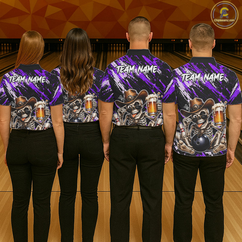 Custom Men Skeleton Cowboy Bowling Beer Polo Shirt Blue, Funny Bowling Shirt For Bowlers NHT1567