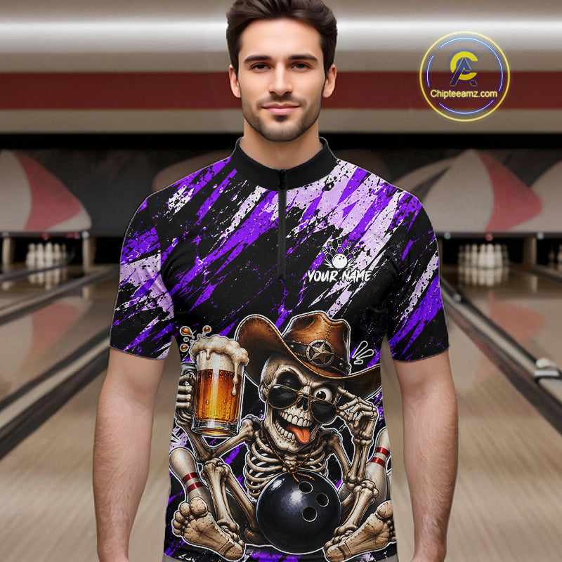 Custom Men Skeleton Cowboy Bowling Beer Polo Shirt Purple, Funny Bowling Shirt For Bowlers NHT1567