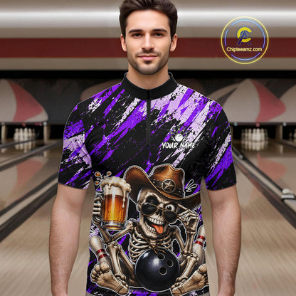 Custom Men Skeleton Cowboy Bowling Beer Polo Shirt Purple, Funny Bowling Shirt For Bowlers NHT1567