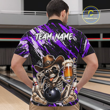 Custom Men Skeleton Cowboy Bowling Beer Polo Shirt Purple, Funny Bowling Shirt For Bowlers NHT1567