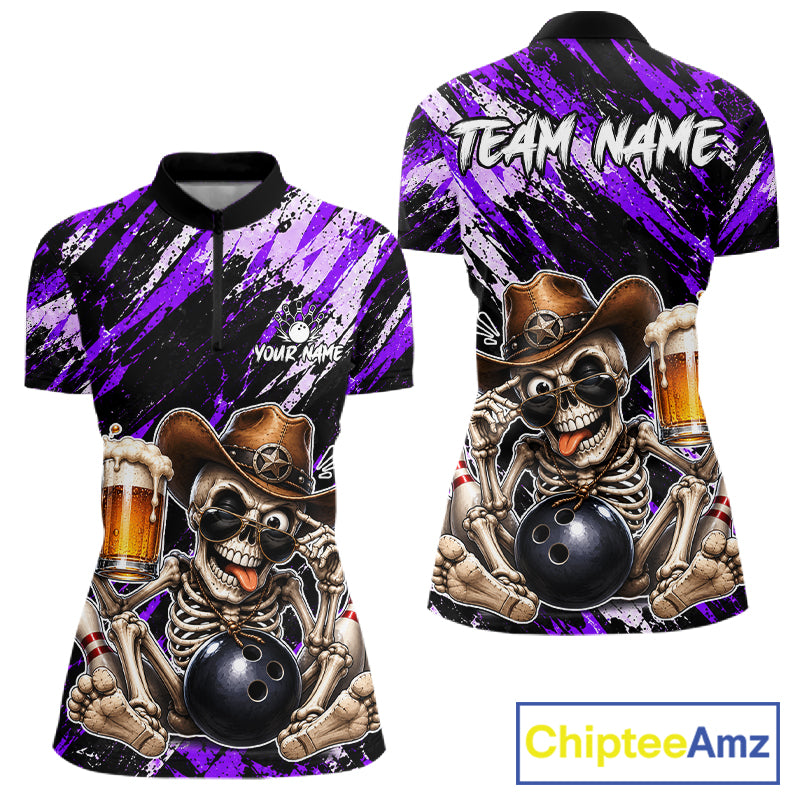 Custom Women Skeleton Cowboy Bowling Beer Polo Shirt Purple, Funny Bowling Shirt For Bowlers NHT1566