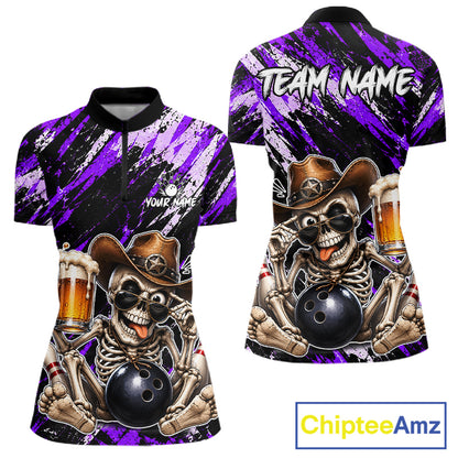 Custom Women Skeleton Cowboy Bowling Beer Polo Shirt Purple, Funny Bowling Shirt For Bowlers NHT1566