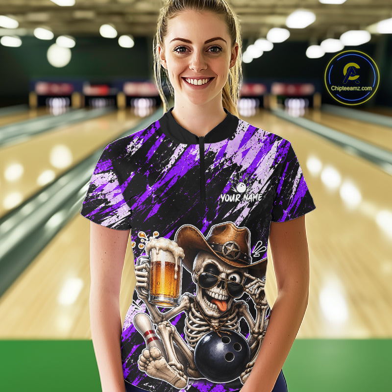 Custom Women Skeleton Cowboy Bowling Beer Polo Shirt Purple, Funny Bowling Shirt For Bowlers NHT1566