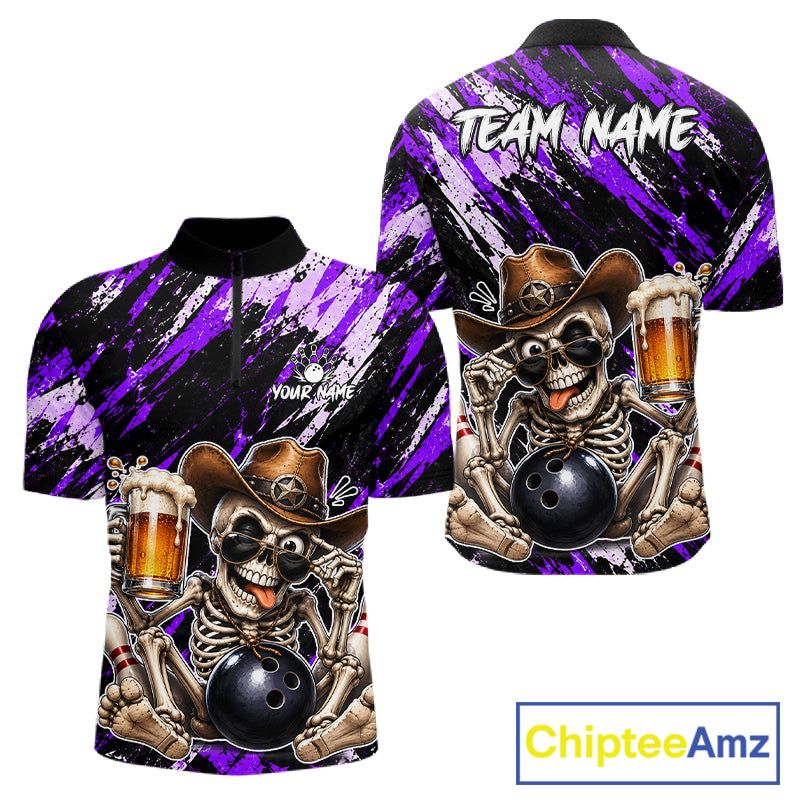 Custom Men Skeleton Cowboy Bowling Beer Polo Shirt Blue, Funny Bowling Shirt For Bowlers NHT1567