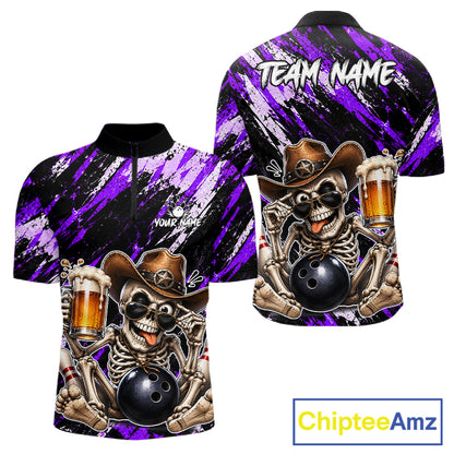 Custom Men Skeleton Cowboy Bowling Beer Polo Shirt Blue, Funny Bowling Shirt For Bowlers NHT1567
