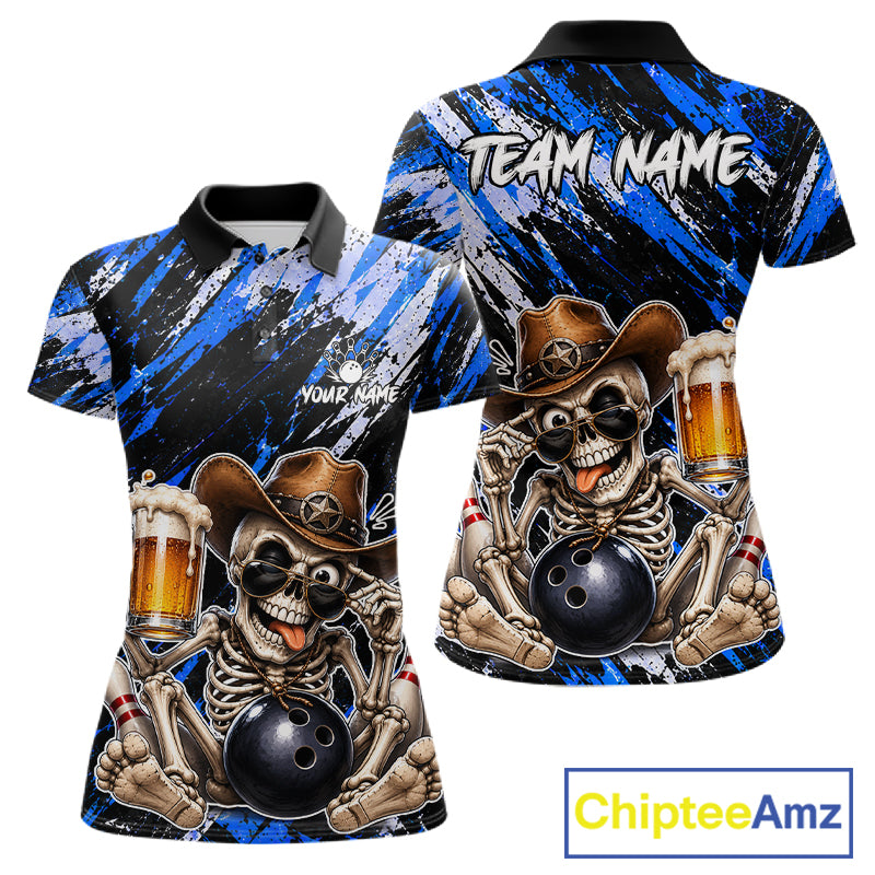 Custom Women Skeleton Cowboy Bowling Beer Polo Shirt Blue, Funny Bowling Shirt For Bowlers NHT1567