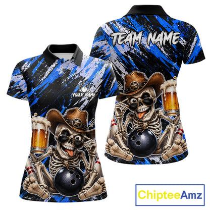 Custom Women Skeleton Cowboy Bowling Beer Polo Shirt Blue, Funny Bowling Shirt For Bowlers NHT1567