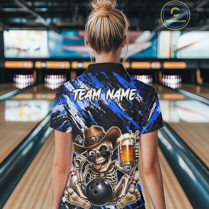 Custom Women Skeleton Cowboy Bowling Beer Polo Shirt Blue, Funny Bowling Shirt For Bowlers NHT1567