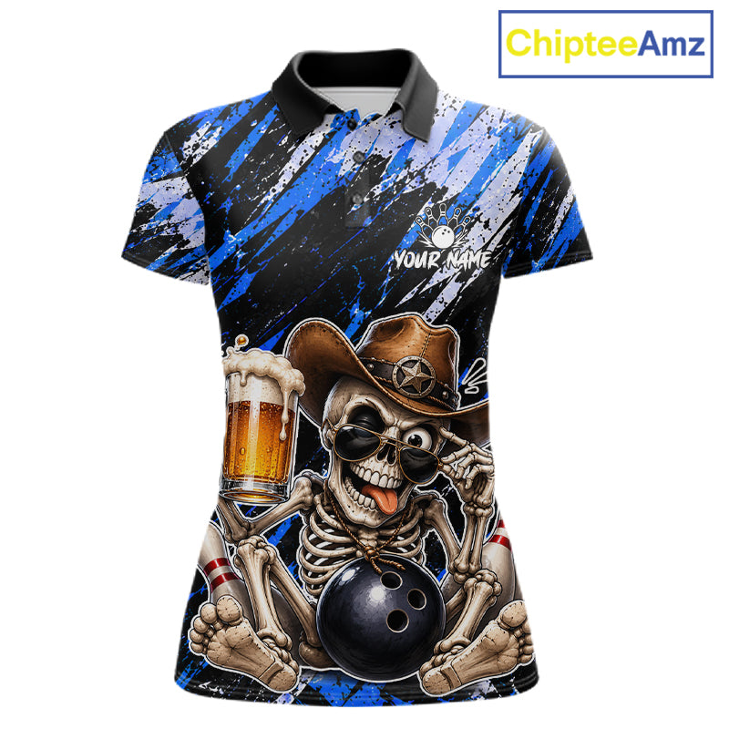Custom Women Skeleton Cowboy Bowling Beer Polo Shirt Blue, Funny Bowling Shirt For Bowlers NHT1567