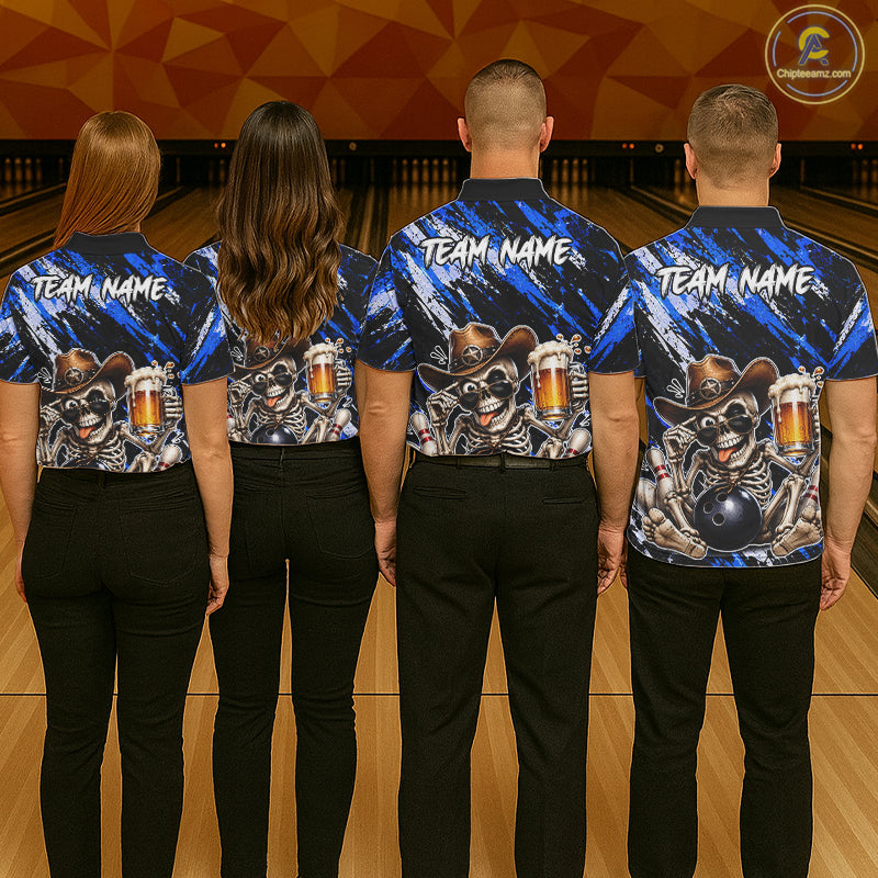 Custom Women Skeleton Cowboy Bowling Beer Polo Shirt Blue, Funny Bowling Shirt For Bowlers NHT1567