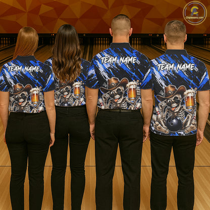 Custom Women Skeleton Cowboy Bowling Beer Polo Shirt Blue, Funny Bowling Shirt For Bowlers NHT1567
