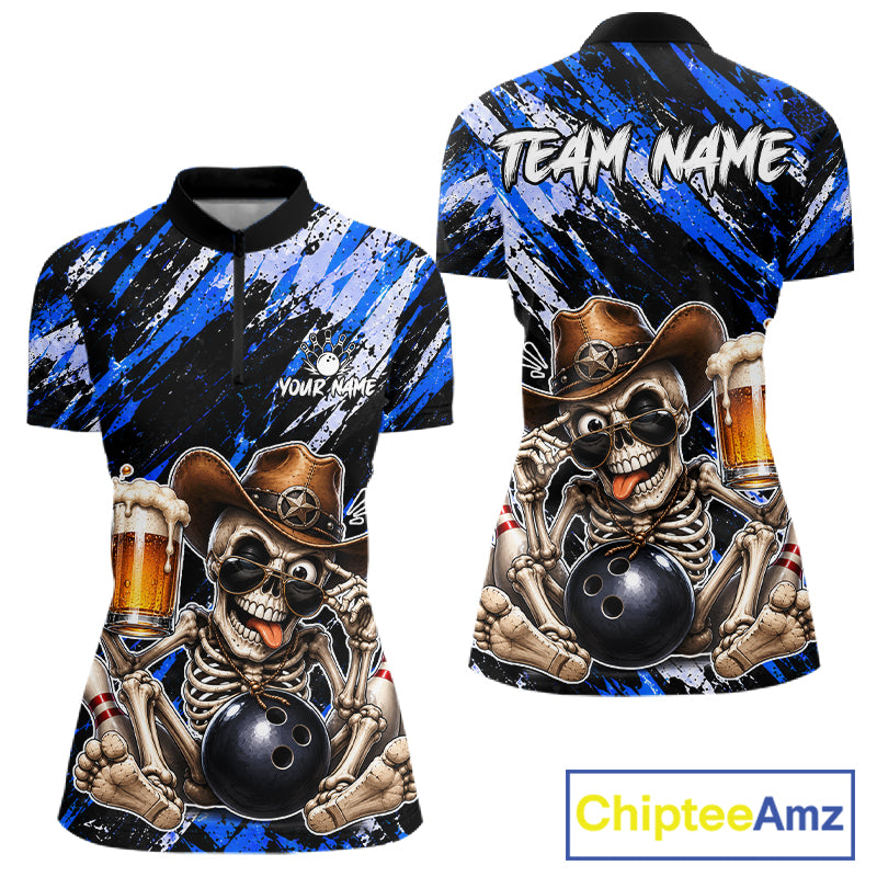 Custom Women Skeleton Cowboy Bowling Beer Polo Shirt Blue, Funny Bowling Shirt For Bowlers NHT1567