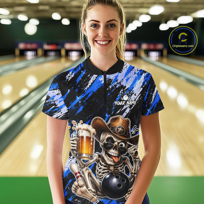 Custom Women Skeleton Cowboy Bowling Beer Polo Shirt Blue, Funny Bowling Shirt For Bowlers NHT1567