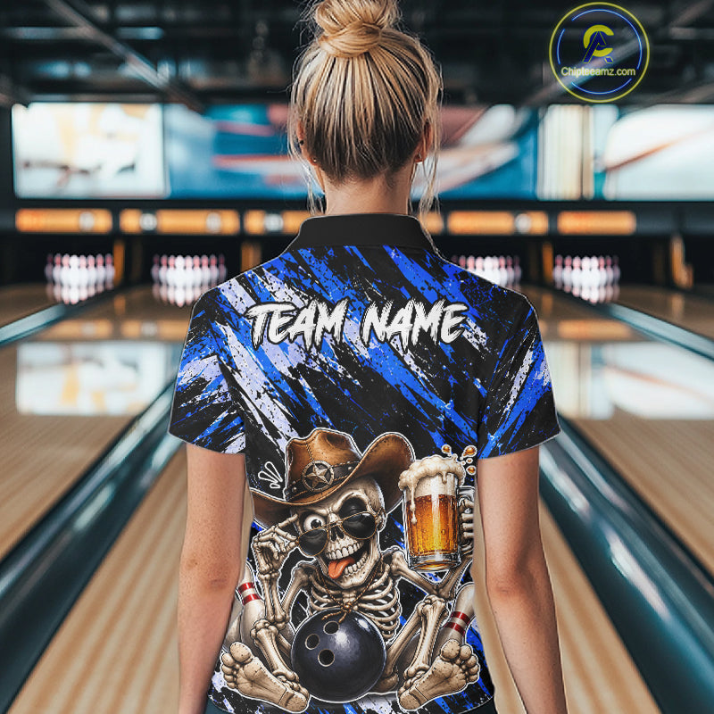 Custom Women Skeleton Cowboy Bowling Beer Polo Shirt Blue, Funny Bowling Shirt For Bowlers NHT1567