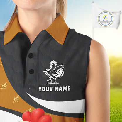 Funny Chicken Womens Sleeveless Golf Polo Shirt Personalized Custom Name Rooster Golfer Polo For Womens NHT946