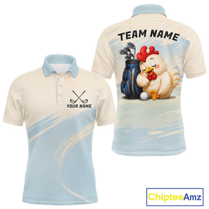 Funny chicken golf polo shirt personalized custom name blue golf polo for men