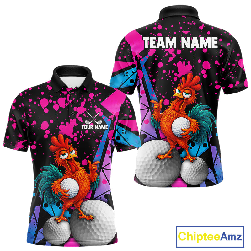 Front and back views of a short-sleeve polo shirt with a colorful graphic print. The design features a cartoon rooster holding a golf ball on a background of pink, blue, and black paint splatters, with customizable text areas reading 'TEAM NAME' on the back and 'YOUR NAME' on the front.