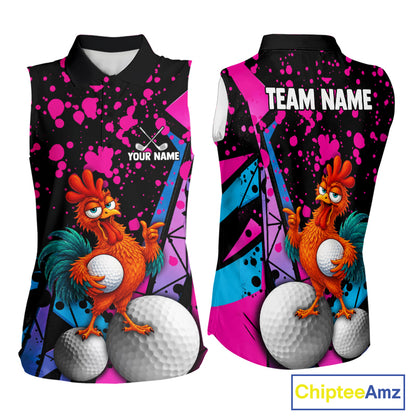 Front and back views of a sleeveless golf shirt featuring a cartoon orange rooster holding a golf ball, with pink, black, blue, and purple graphic splatters and geometric shapes. The front has a 'YOUR NAME' customization spot and the back has 'TEAM NAME' text, shown on a white background with a ChipteeAmz logo.