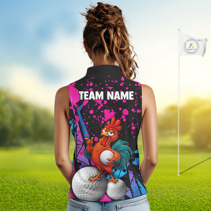 A woman viewed from behind wearing a sleeveless collared golf shirt with a colorful graphic print of a rooster on golf balls and the text 'TEAM NAME'. The background shows a blurred golf course with a flagstick.