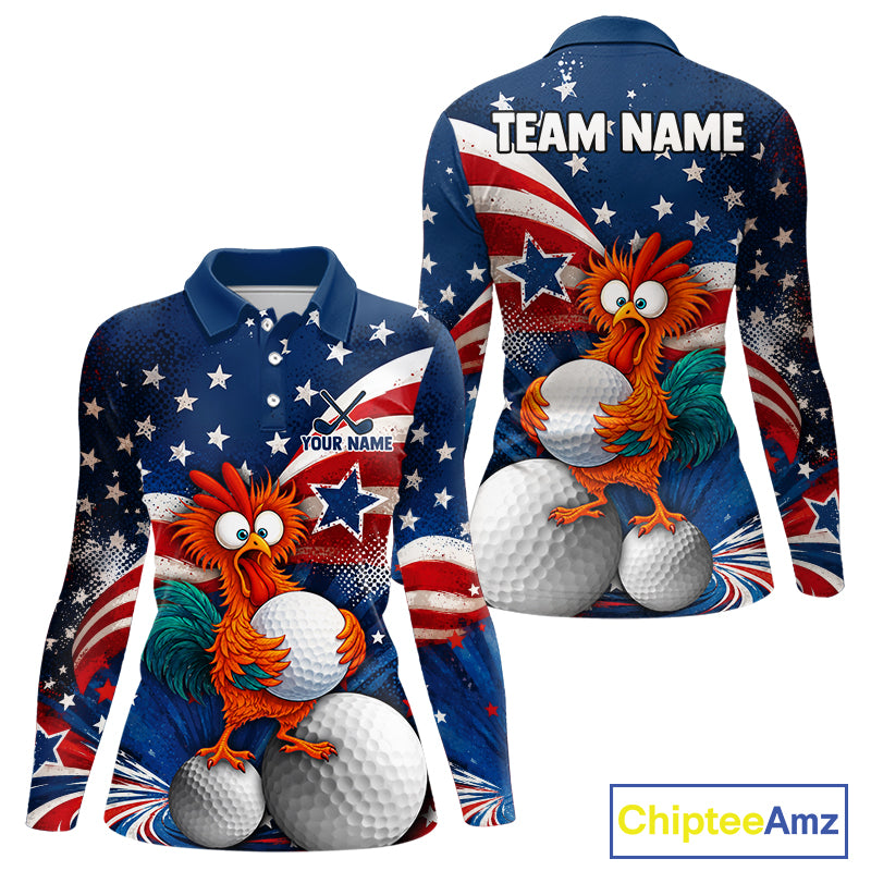 Front and back views of a long-sleeve polo shirt featuring a patriotic American flag design with a cartoon rooster holding golf balls, customizable text fields, and a white background.