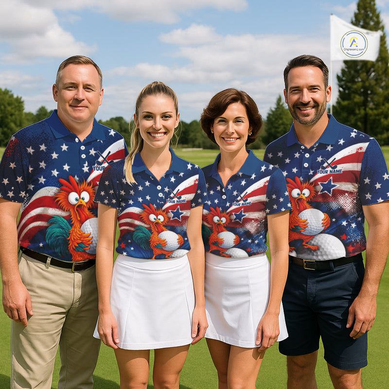 Four people standing outdoors on a golf course wearing matching patriotic polo shirts with a red, white, and blue American flag design and a cartoon rooster graphic. A golf flag is visible in the background.