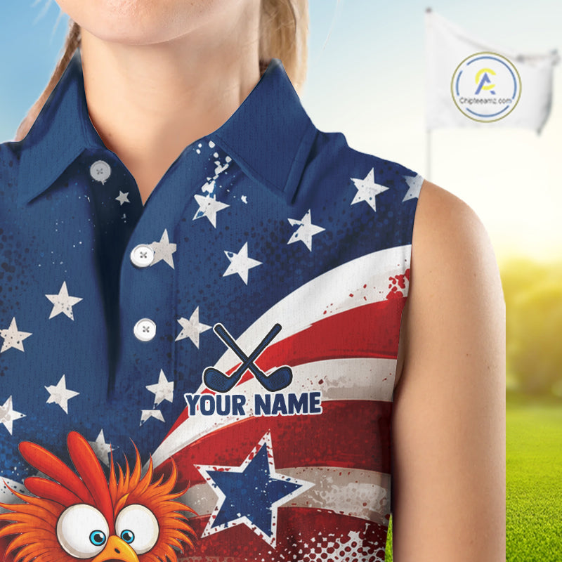 A sleeveless collared golf shirt shown on a cropped model torso, featuring an American flag-inspired print with white stars on blue, red and white stripes, a blue star, crossed golf clubs, and a cartoon bird graphic. A golf flag and blurred green field are visible in the background.