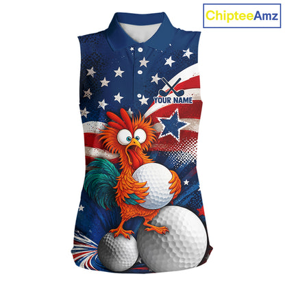 A sleeveless collared golf shirt featuring a patriotic American flag design with white stars, red and white stripes, and a cartoon rooster holding golf balls. The shirt includes a customizable text placeholder reading 'YOUR NAME' on the chest.