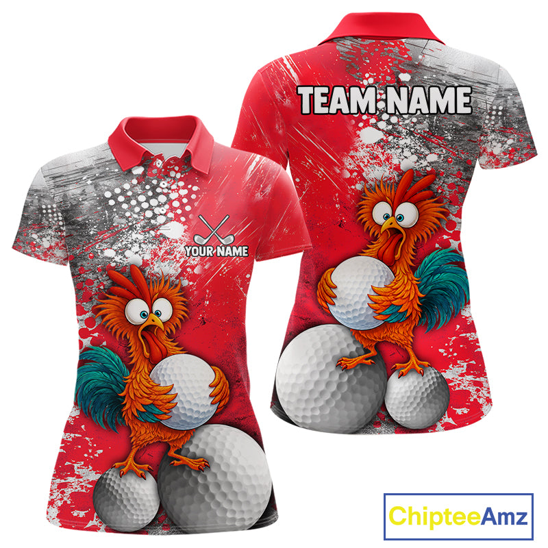 A custom short-sleeve polo shirt shown from both front and back views. The shirt features a vibrant red and gray paint-splatter background with a cartoon graphic of an orange rooster holding white golf balls.