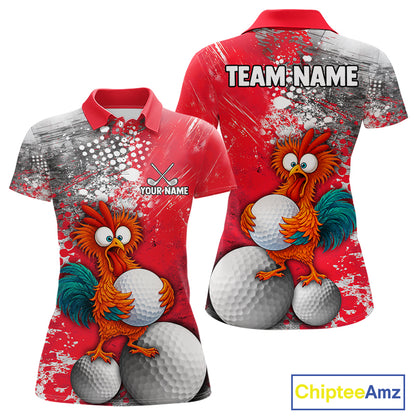 A custom short-sleeve polo shirt shown from both front and back views. The shirt features a vibrant red and gray paint-splatter background with a cartoon graphic of an orange rooster holding white golf balls.