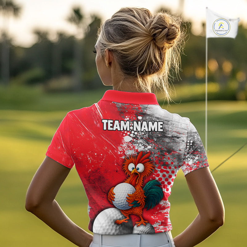 Personalized Funny Chicken Golf Polo Shirt Custom Team Name Golf Gift For Women Red NHT1255